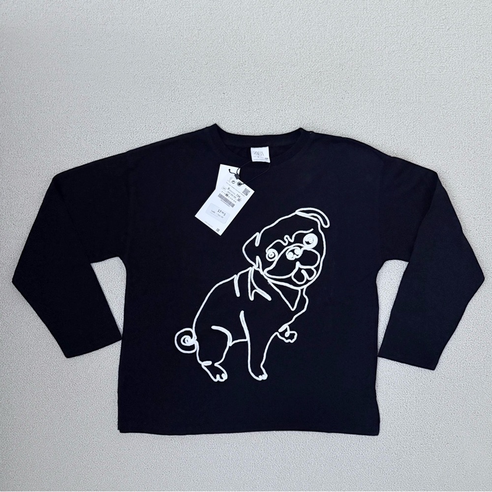 Kids Zara Black Shirt with Embroidered Pug (Size 9 Years Old)